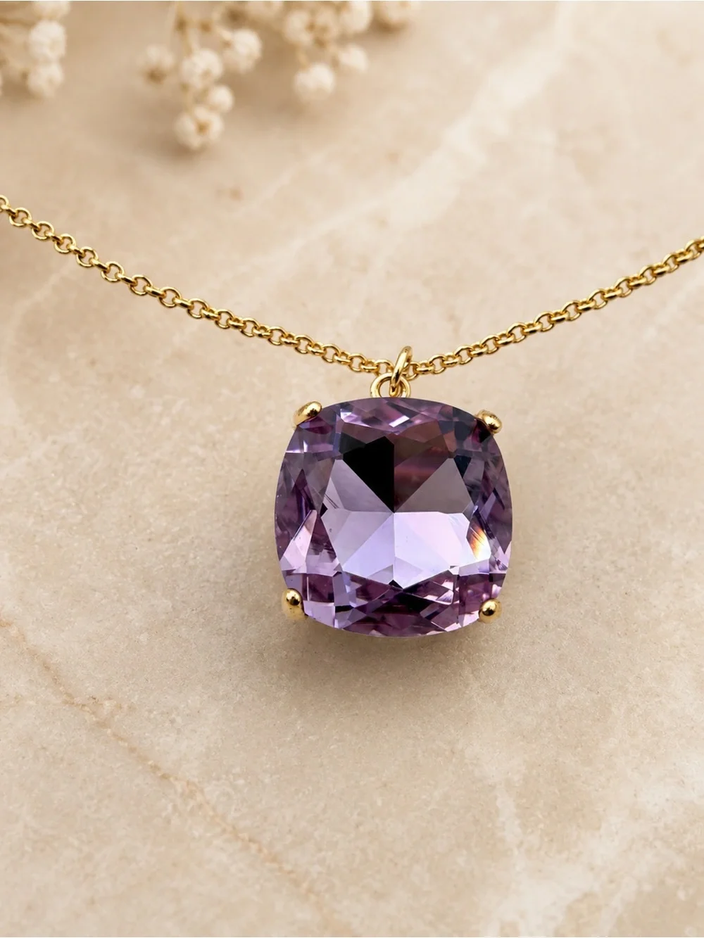 Tory Burch Gold Tone Purple Crystal Pendant Necklace Adjustable Chai